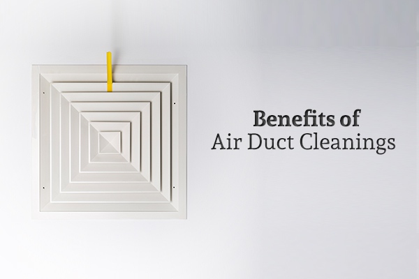 An air vent on the ceiling beside the words "Benefits of Air Duct Cleanings"