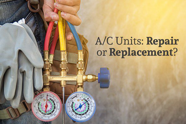 An HVAC repairman holding a gauge beside the words "A/C Units: Repair or Replacement?
