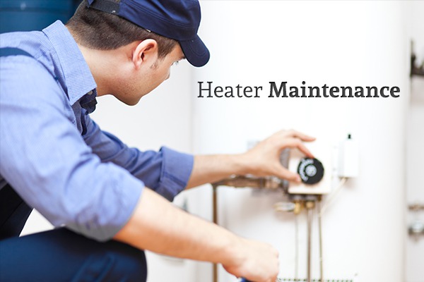 A heater technician adjusting a gauge on a boiler with the words "Heater Maintenance"