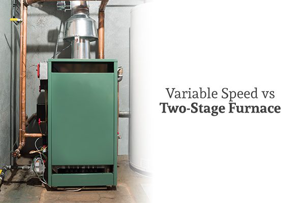 A picture of a green electric furnace beside the words "Variable Speed vs Two-Stage Furnace"