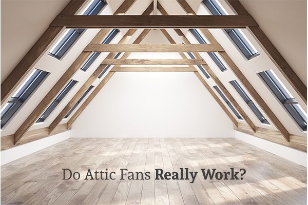 A view of an empty attic with light coming in through the built in skylights. On the bottom center it reads, do attic fans really work?