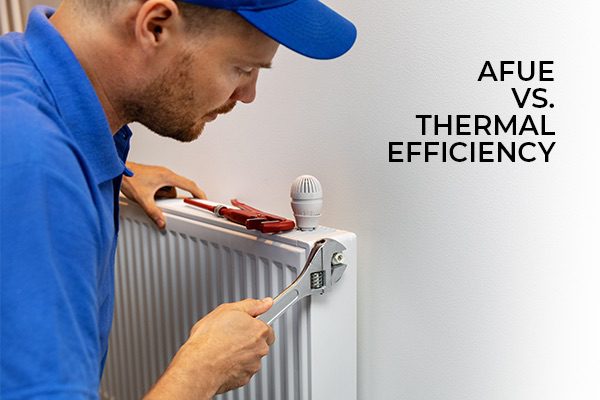 A hvac technician working on a air conditioning unit with the words, AFUE vs. thermal efficiency.